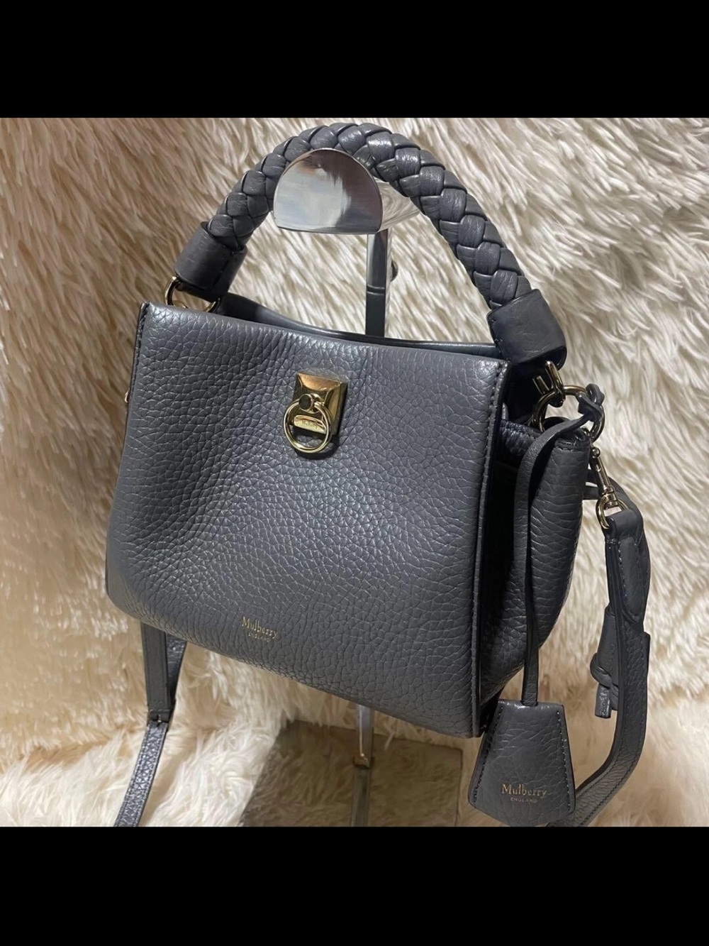 Mulberry Charcoal Grey Pebbled Leather Top-Handle Satchel with Braided Handle